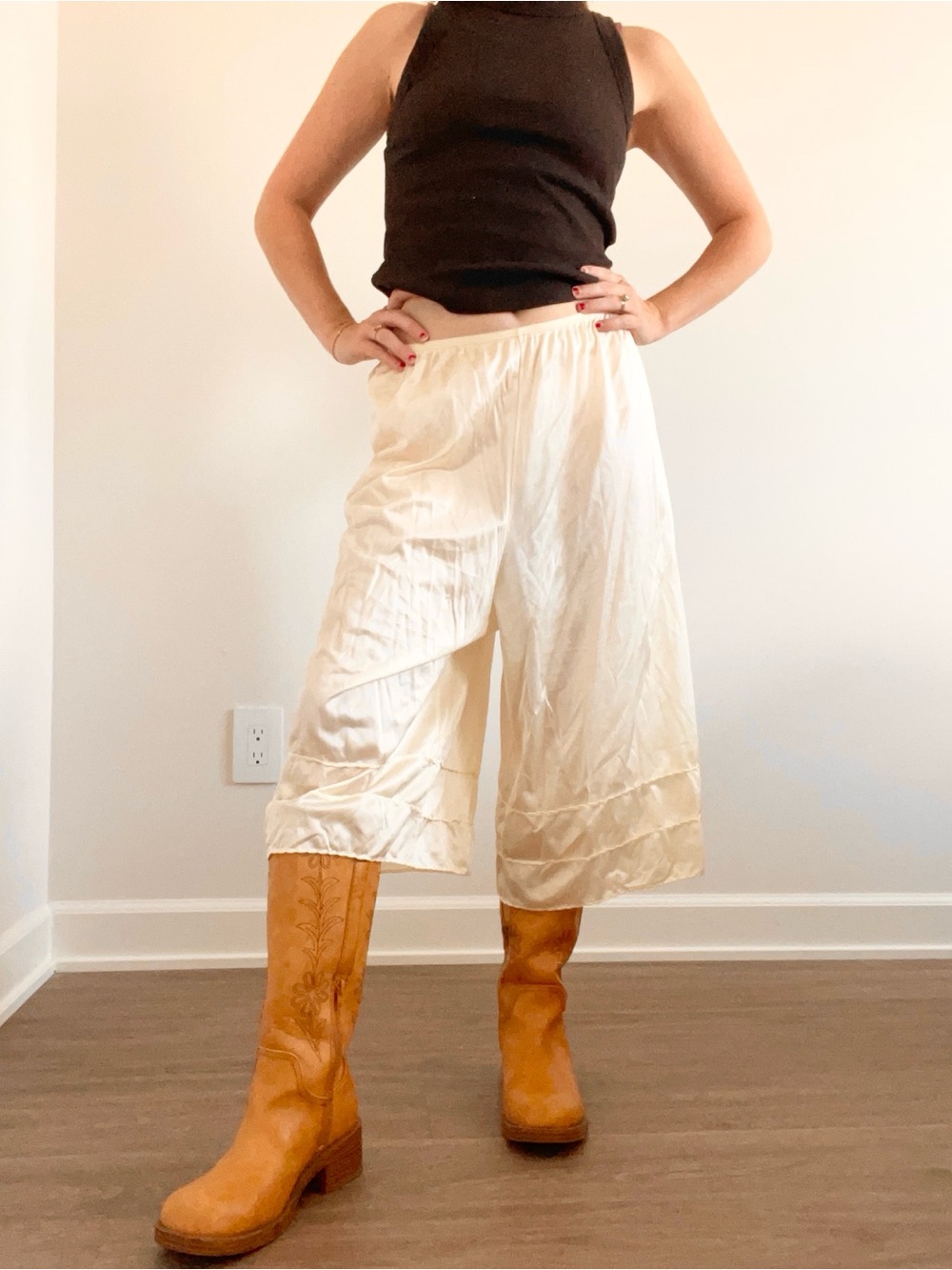 Vintage Cream Wide-Leg Satin Slip Culotte Pants